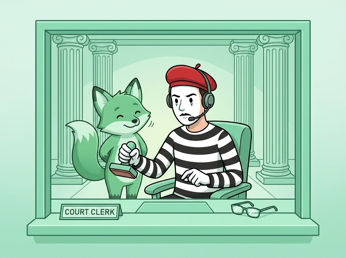 Mime clerk stamping papers