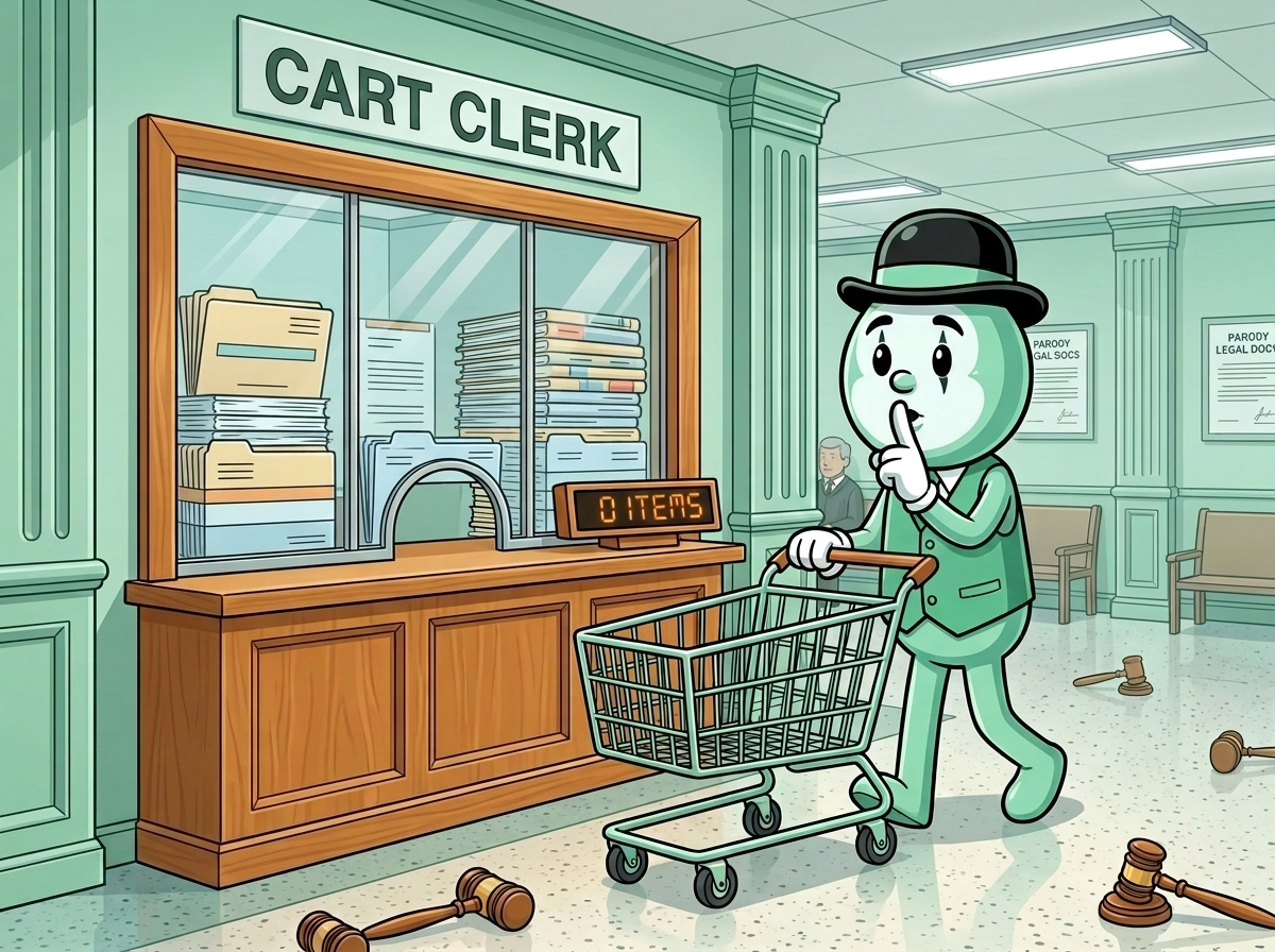 Friendly cartoon mint mascot dressed as a silent courthouse clerk, white gloves, pushing an empty shopping cart past a filing window