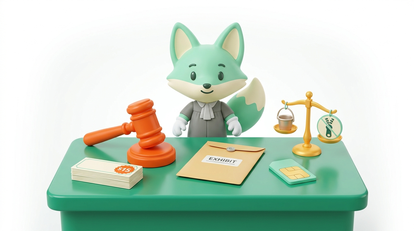 Mint-green settlement desk with gavel coupons, fox mascot, and comedy contract props