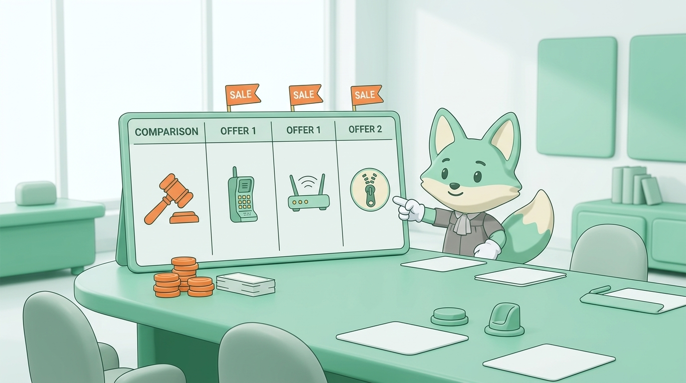 Illustrated settlement table with mint gavel and fox clerk