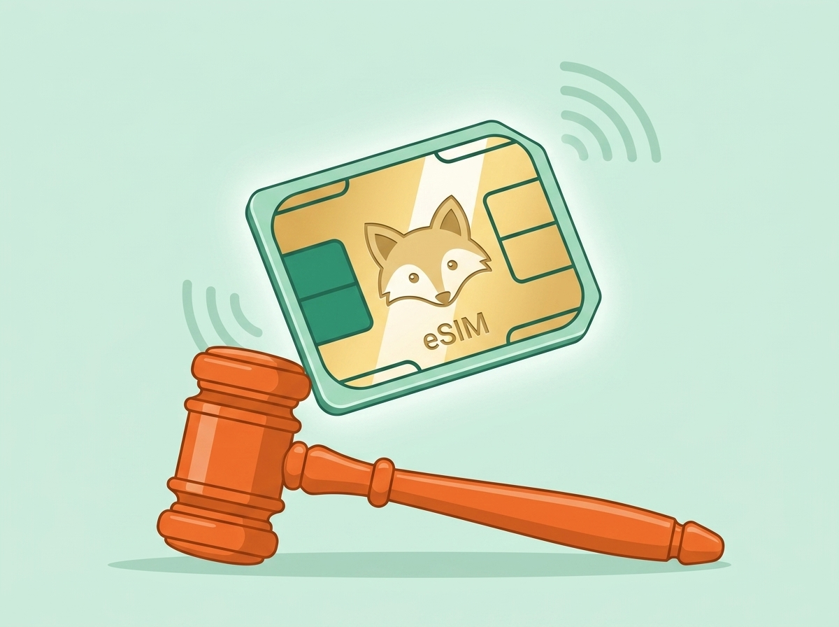 Invisible eSIM chip floating over a gavel