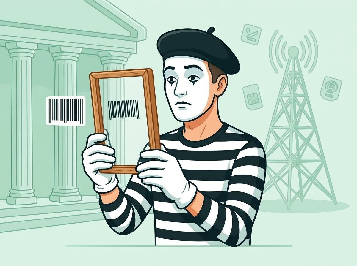 Mime counsel scanning an invisible barcode with white gloves