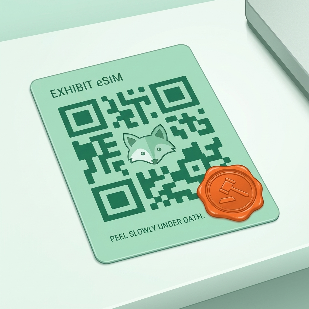 Mint-green parody QR card stamped EXHIBIT eSIM