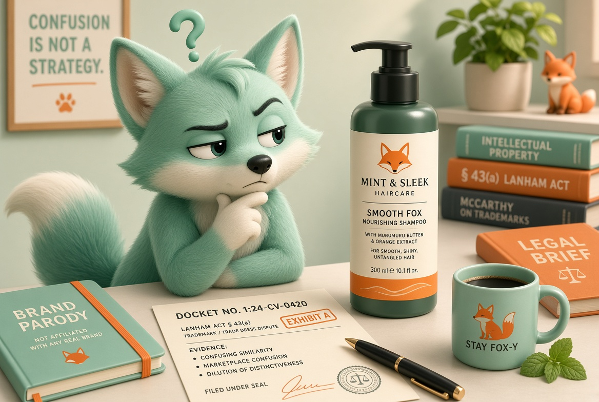 Cute fox looking at a haircare bottle labeled epic level stupid