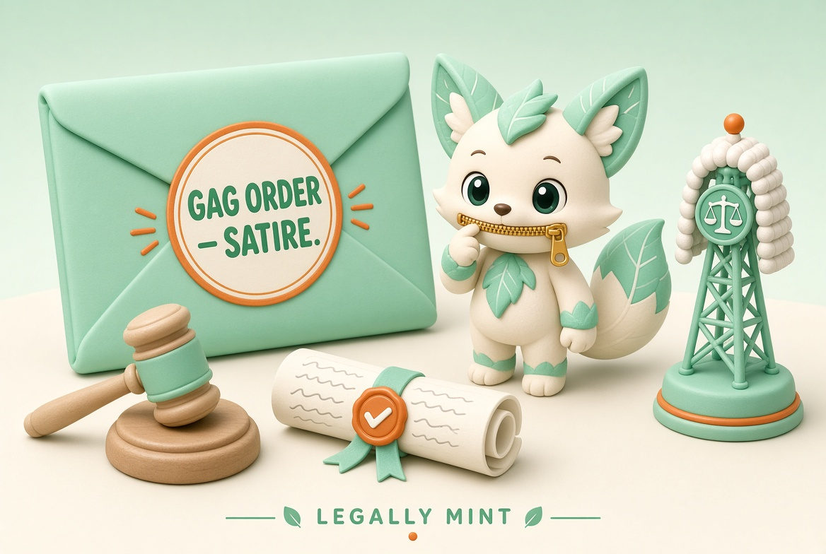 Clean commercial illustration of a mint-green sealed envelope stamped GAG ORDER SATIRE, fox mascot zipping lips, gavel and comedy contract props