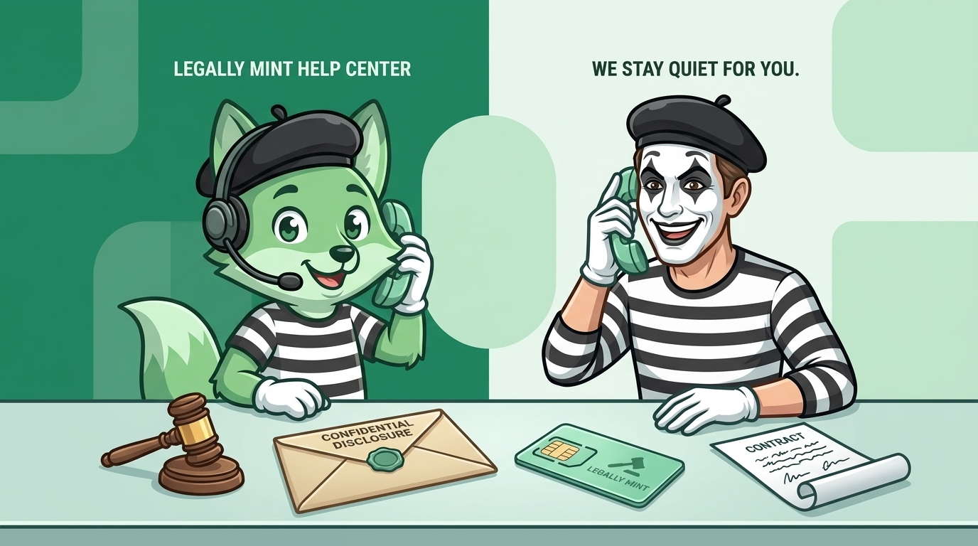 Mint-green parody help desk with a silent mime counselor, headset, gavel, and comedy contract props