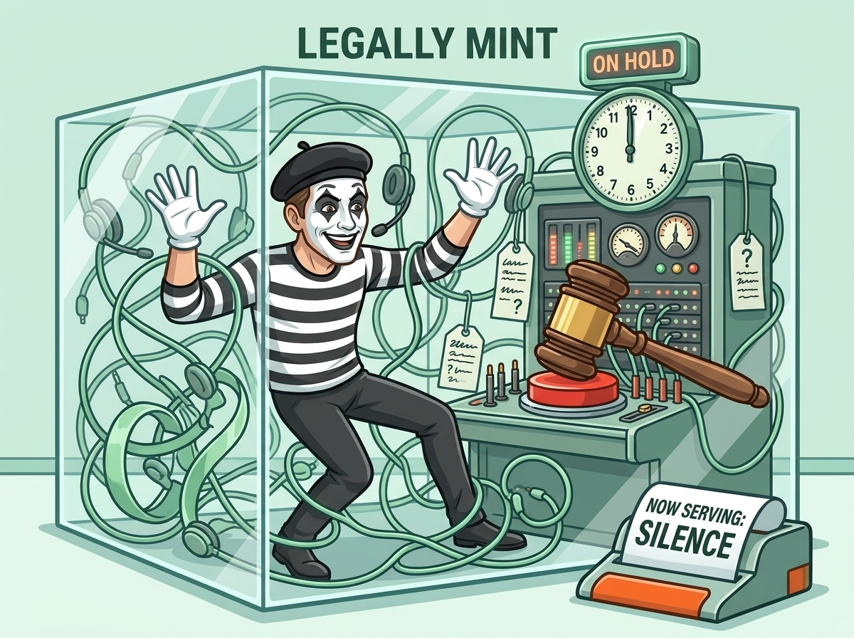 Cartoon mint mascot mime at a support switchboard holding an invisible phone, clock frozen at zero, gavel as a hold button